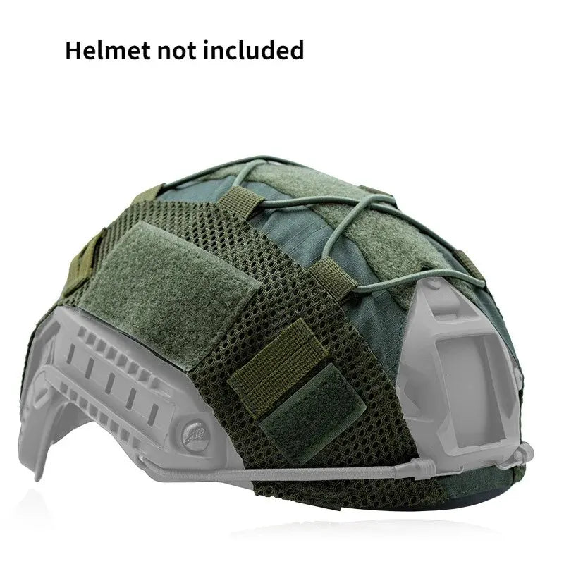 Olive green tactical helmet cover with a gray protective shell shown from above