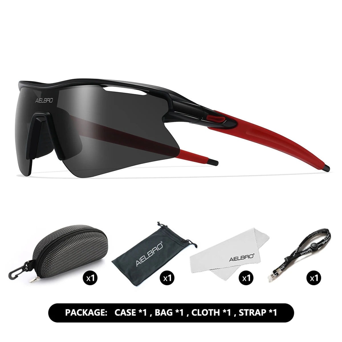 A black sports sunglasses frame with red accents shown alongside its packaging components including a case, bag, cloth, and s