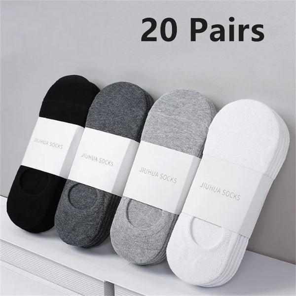 20 pairs of invisible silicone no-show boat socks in black, gray, and white.