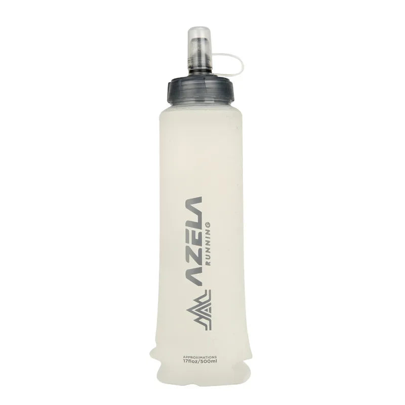 A clear silicone water bottle with a sports cap is shown against a white background.