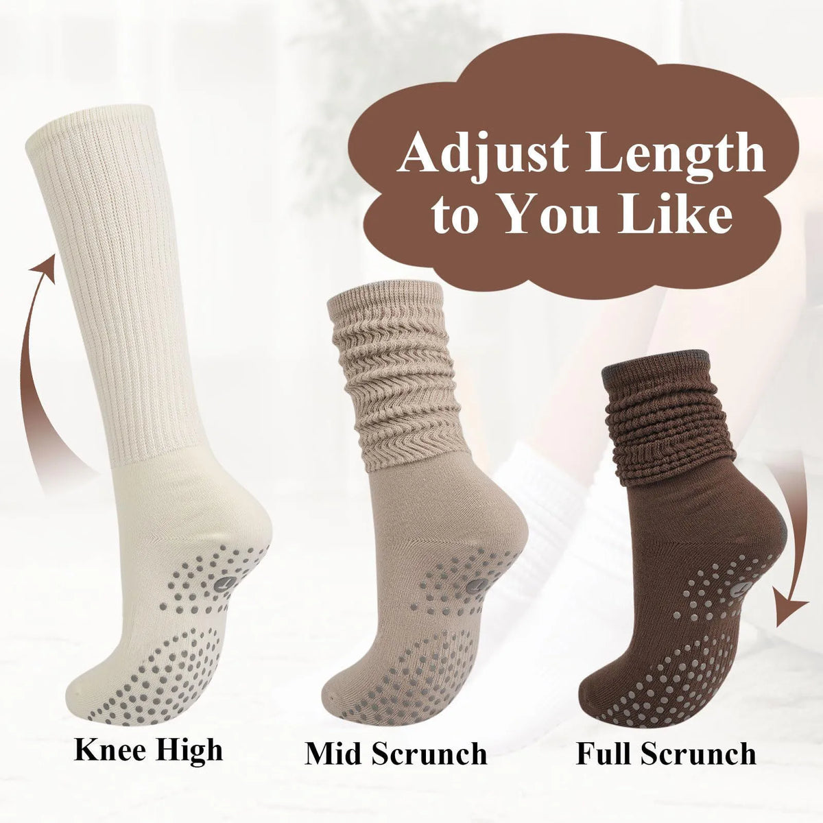 Three styles of mid-calf yoga and pilates socks: Knee High, Mid Scrunch, and Full Scrunch.