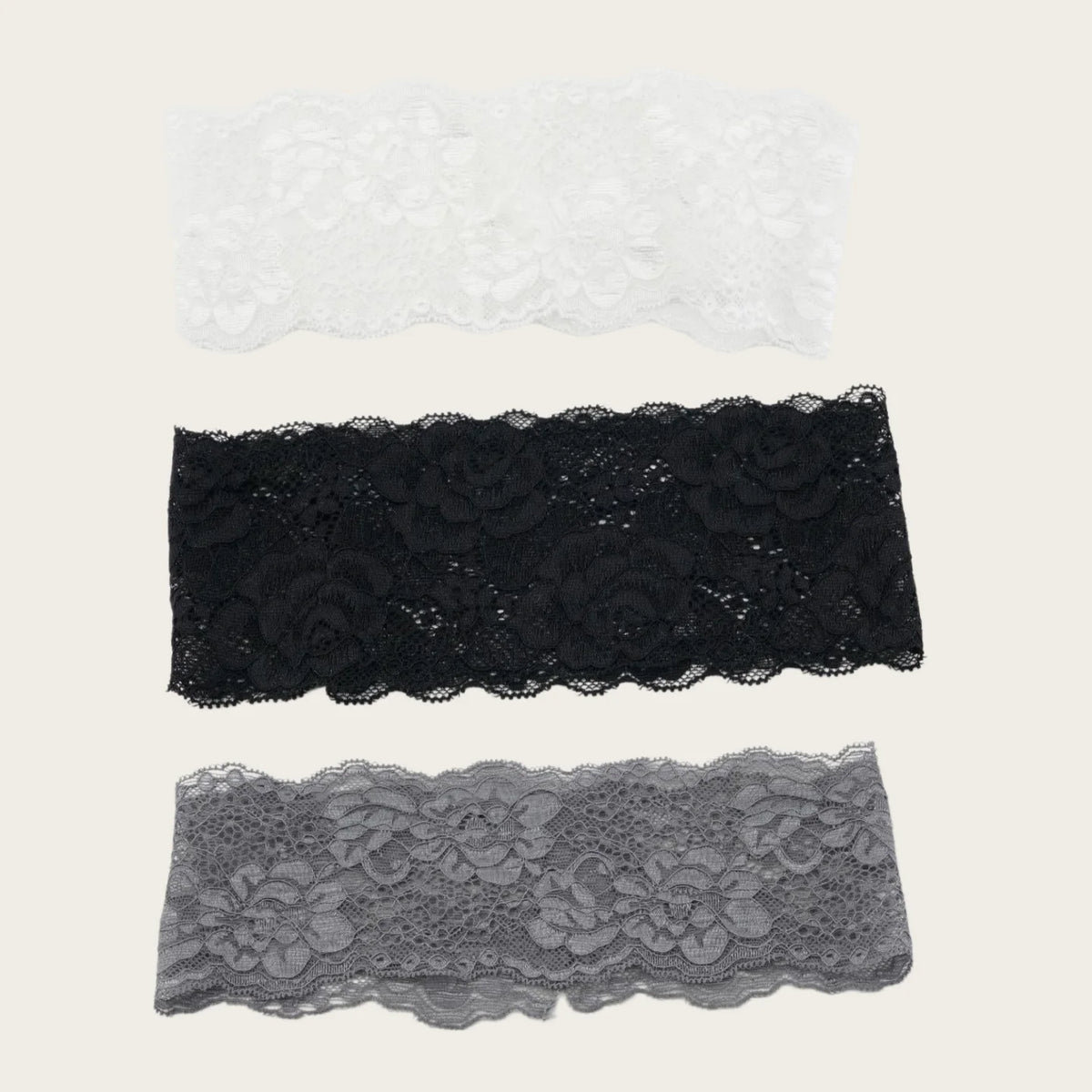 Tres bandas para la cabeza de encaje negro, blanco y gris para fitness y yoga