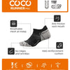 Coco Runner-Pro breathable running socks featuring anti-friction mouth, no ridges, and heel reinforcement cushion.