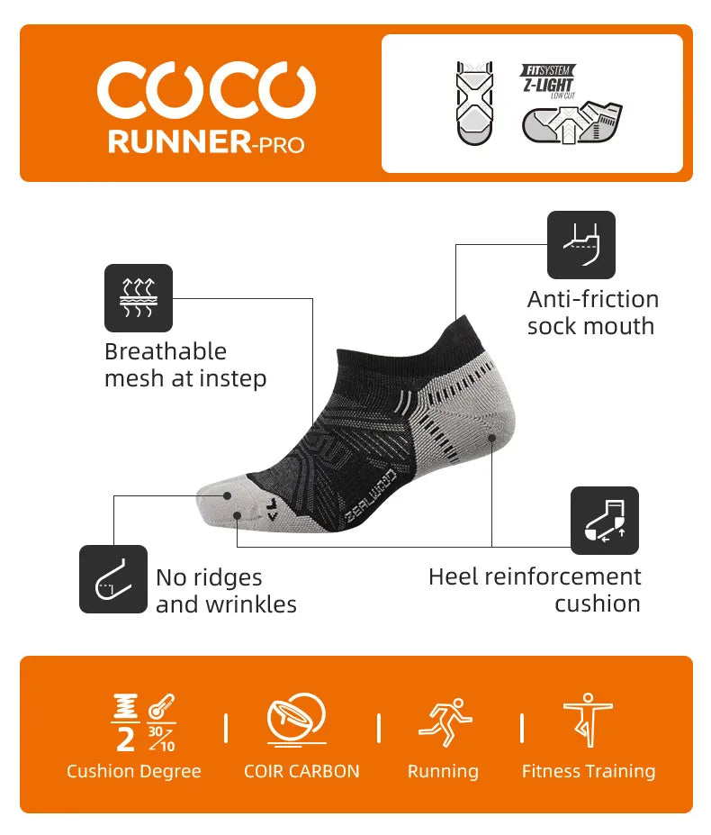 Coco Runner-Pro breathable running socks featuring anti-friction mouth, no ridges, and heel reinforcement cushion.