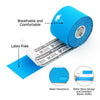 Roll of blue kinesiology tape demonstrating breathable, comfortable, latex-free, and water-resistant features.