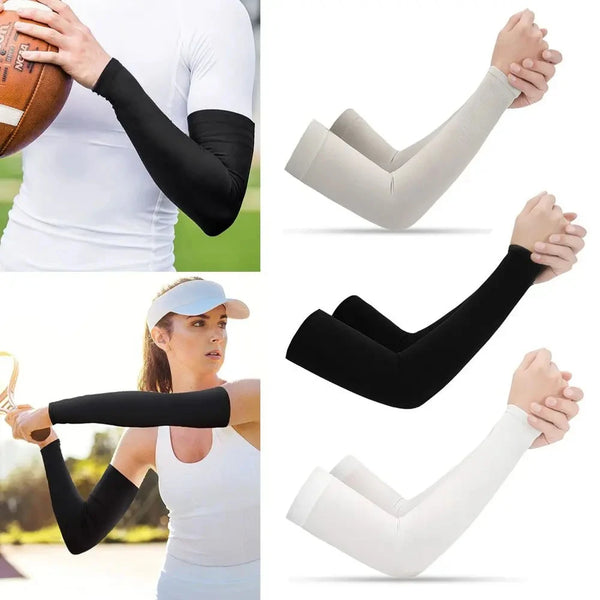 Various views of black and white UV protection arm warmers being worn on arms.