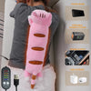 A pink soothing heating pad is being held by a person, with related power bank and USB charger accessories shown.