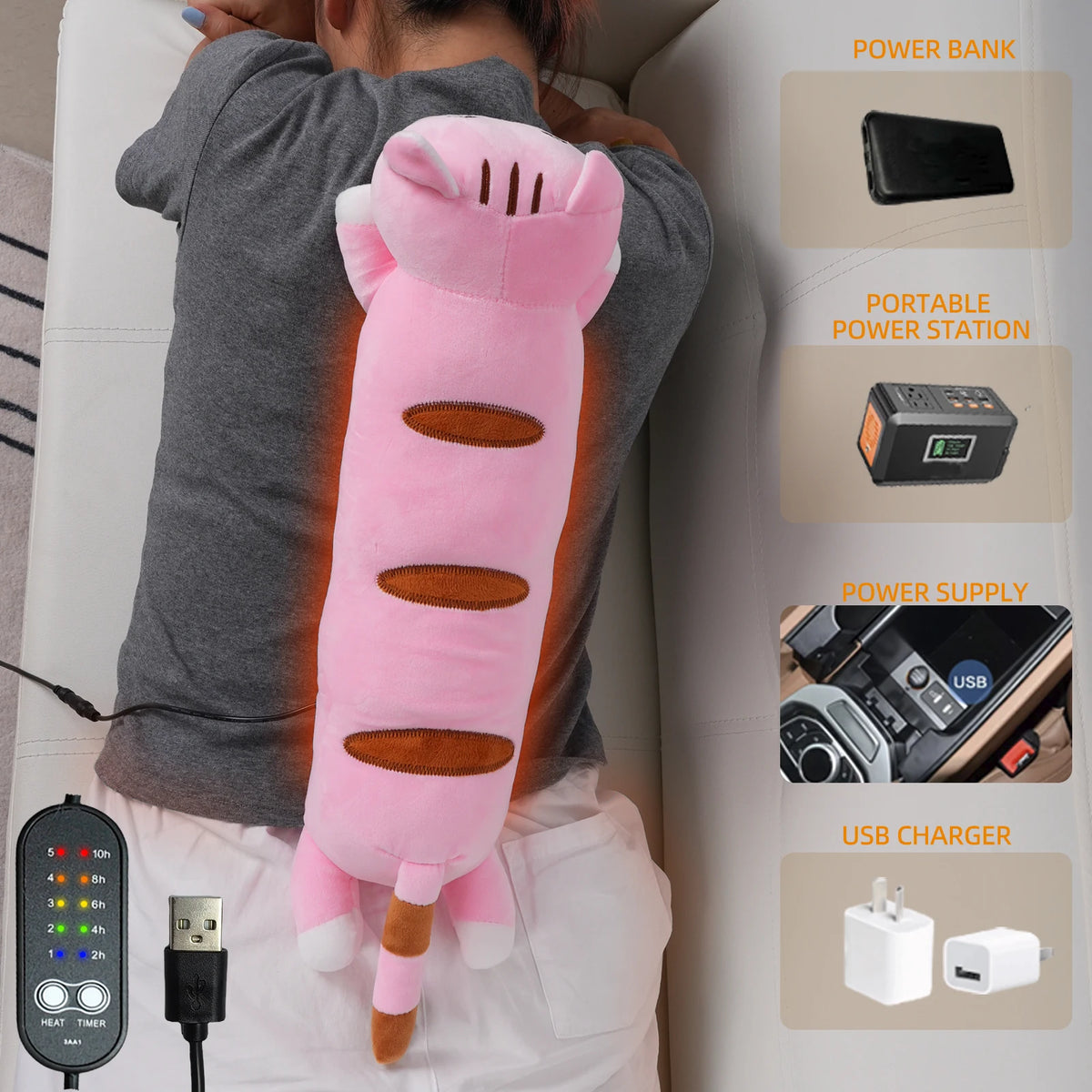 A pink soothing heating pad is being held by a person, with related power bank and USB charger accessories shown.