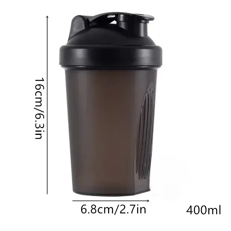 A dark brown portable protein shaker bottle with a black lid and a 400ml capacity.