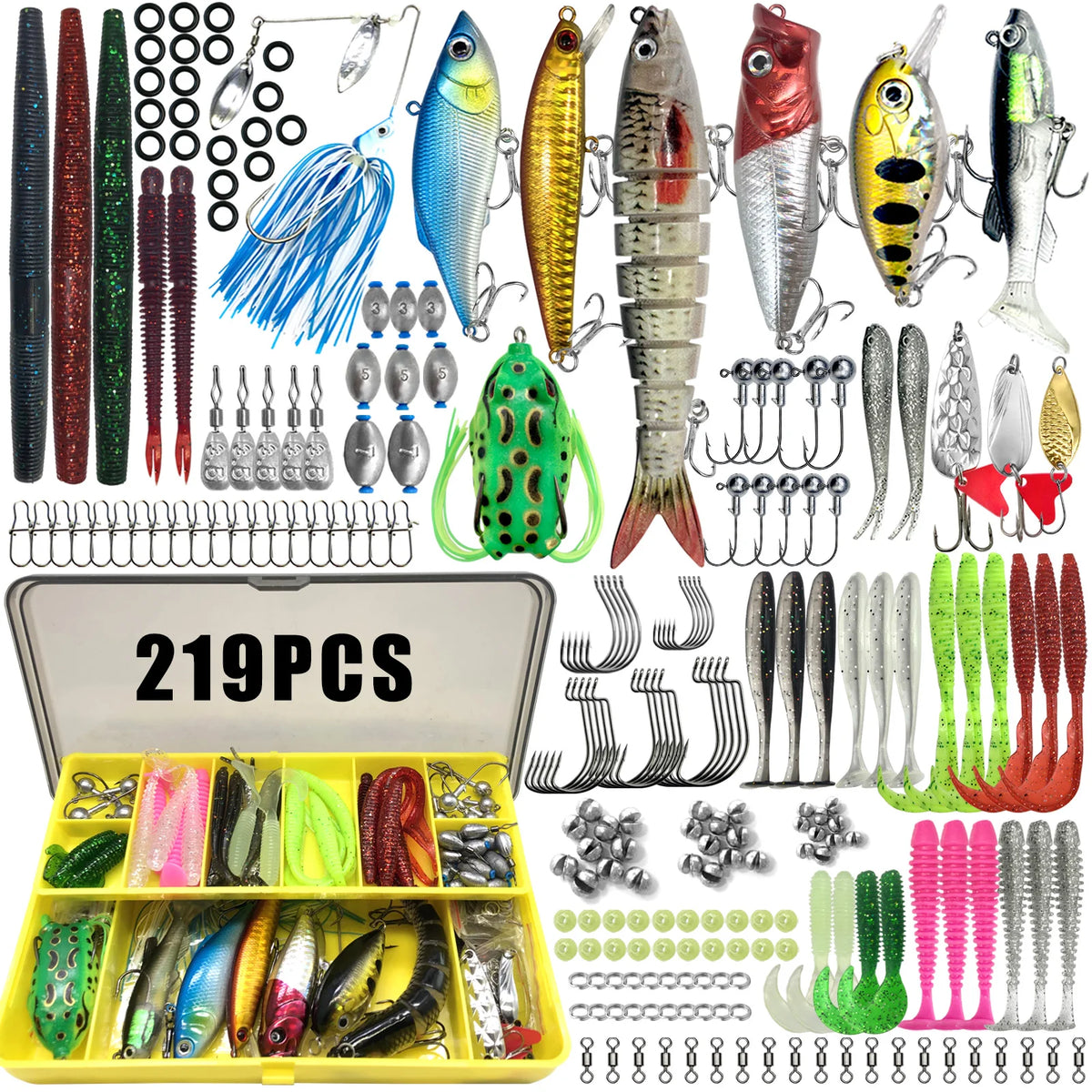 A variety of fishing lures including spoons, jigs, hooks, and baits are displayed in an open box.
