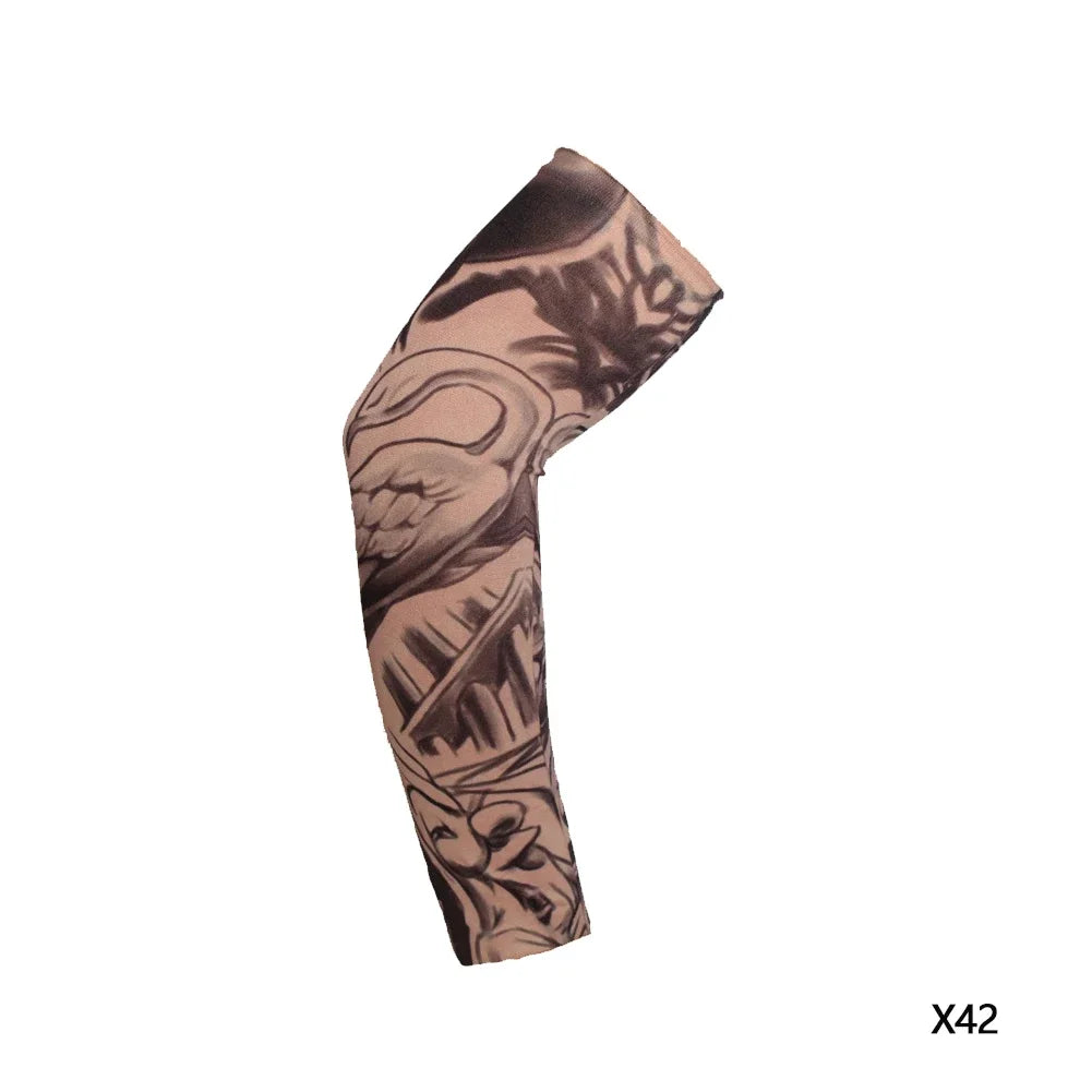 A dark brown reusable stretch tattoo arm sleeve featuring intricate tribal and nature-inspired designs.
