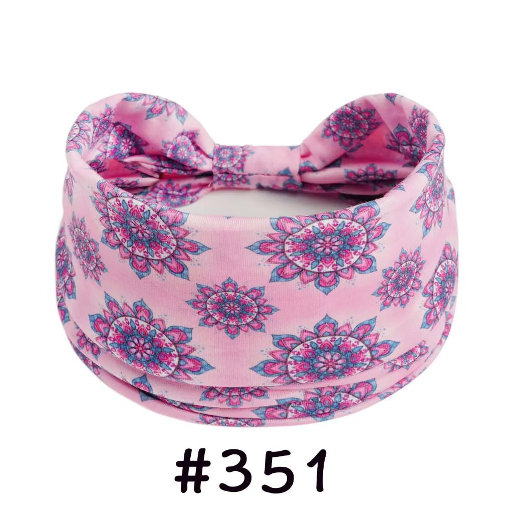 Pink boho knotted cotton headband with floral print
