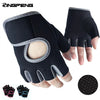 A hand wearing a black fitness glove, with several variations of the glove shown below.