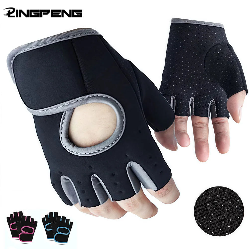 A hand wearing a black fitness glove, with several variations of the glove shown below.