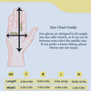 Size chart guide showing how to measure hand length and width for selecting the correct glove size.