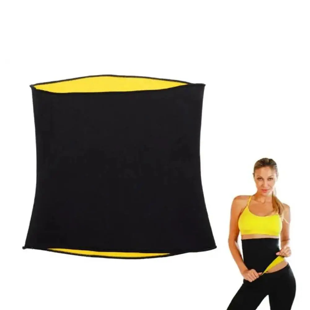 Cinturón ajustable abdominal negro y amarillo mostrado contra un fondo blanco.