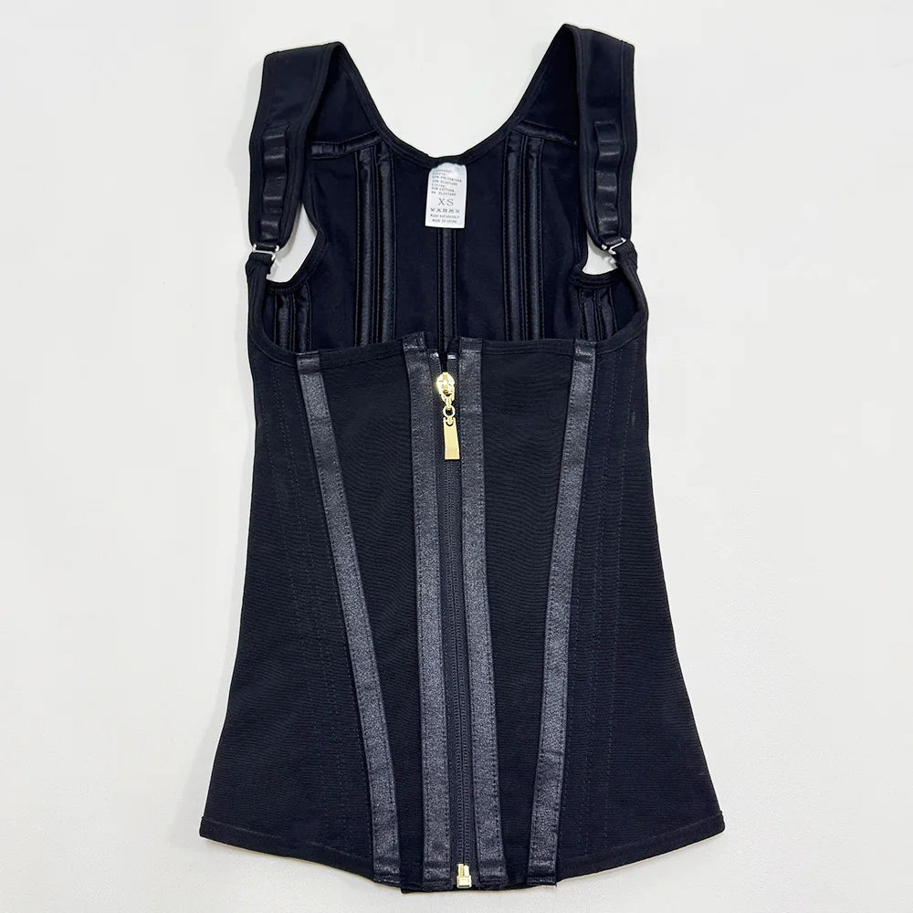 Black adjustable body shaper corset vest top with a front zipper and side boning details.