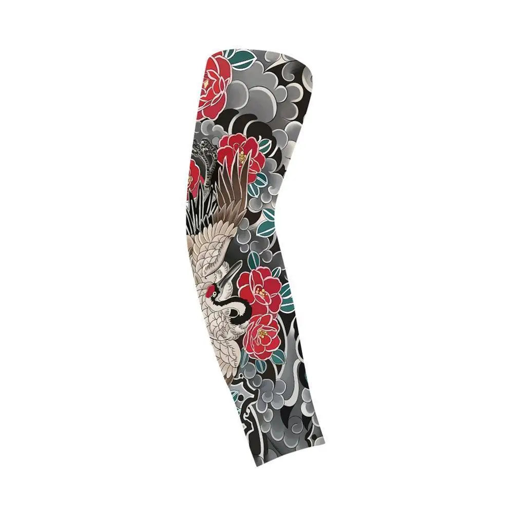 Patterned ice silk sun protection arm sleeves featuring a black and red floral design.