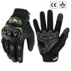 Gants de moto tactiques noirs avec accents verts, présentés en paire.