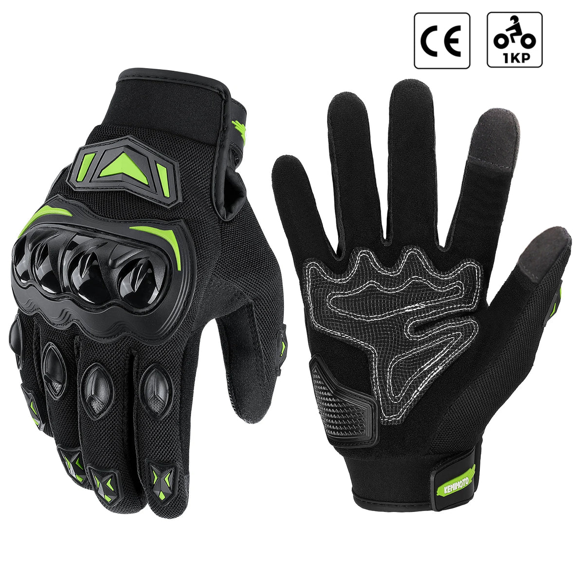 Gants de moto tactiques noirs avec accents verts, présentés en paire.