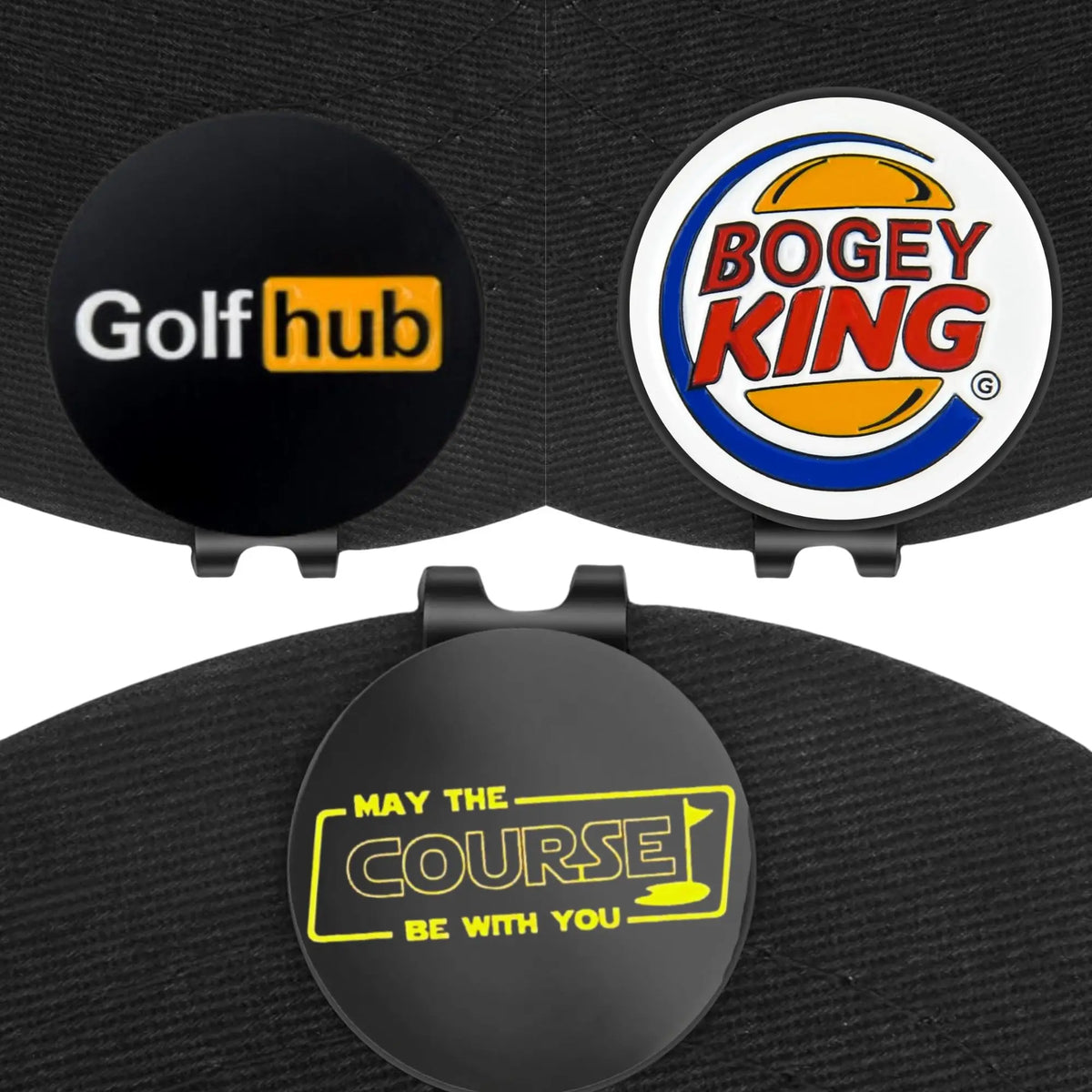A set of three magnetic golf ball hat clips featuring Golf Hub and Bogey King logos.