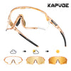 A pair of clear photochromic cycling sunglasses shown in various states of light adjustment.