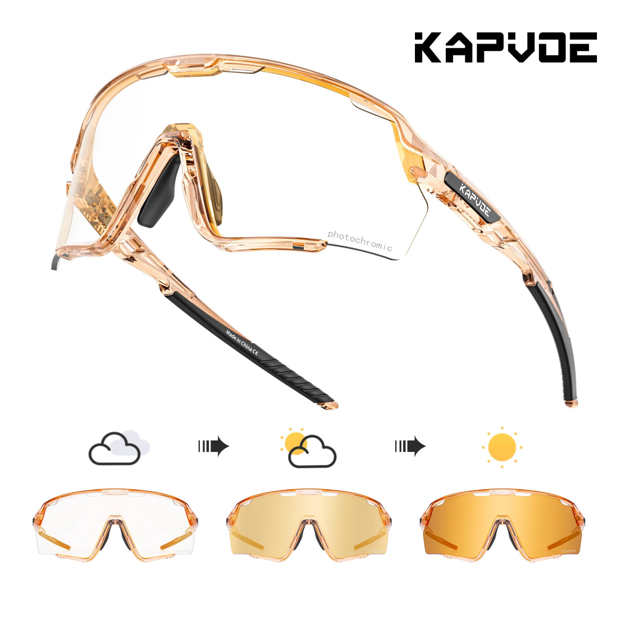 A pair of clear photochromic cycling sunglasses shown in various states of light adjustment.