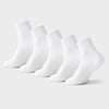 A row of white athletic crew socks displayed against a light background.