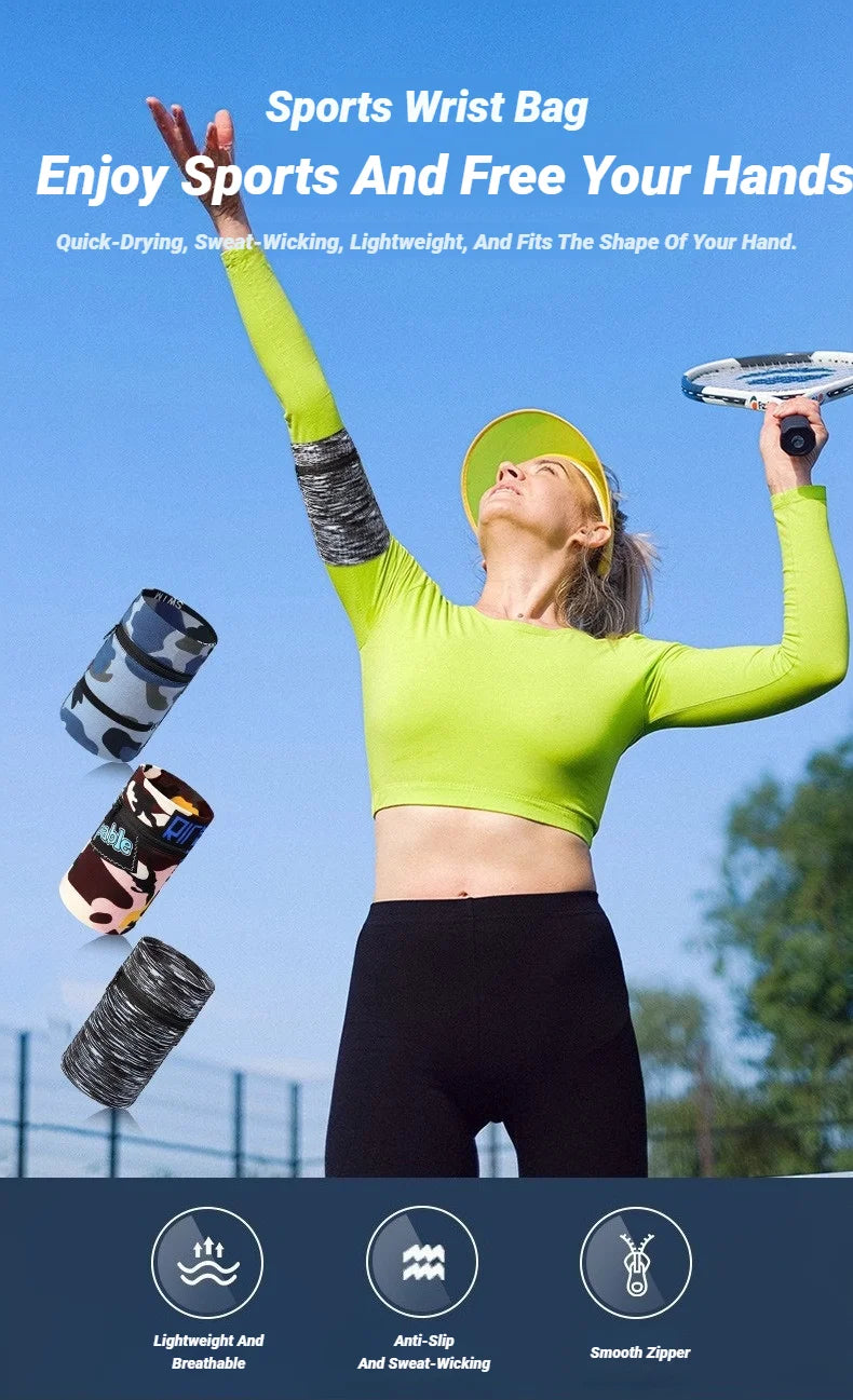 A woman wearing a neon green sports top holds up a clear plastic wrist bag with a silver rim against a blue sky.