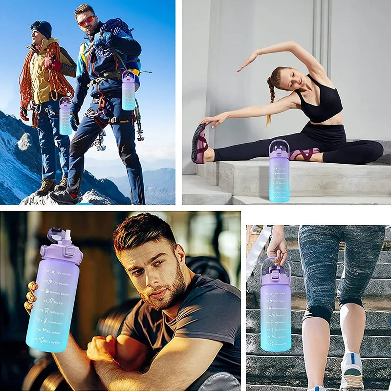 Una colección de personas usando una botella de agua aislada motivacional de 2L con tapa de pajita en diversos entornos al ai