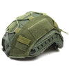 A tactical helmet cover for airsoft and paintball in olive green fabric.