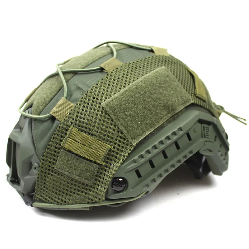 A tactical helmet cover for airsoft and paintball in olive green fabric.