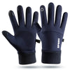A pair of dark blue thermal fleece touchscreen gloves for winter outdoor sports