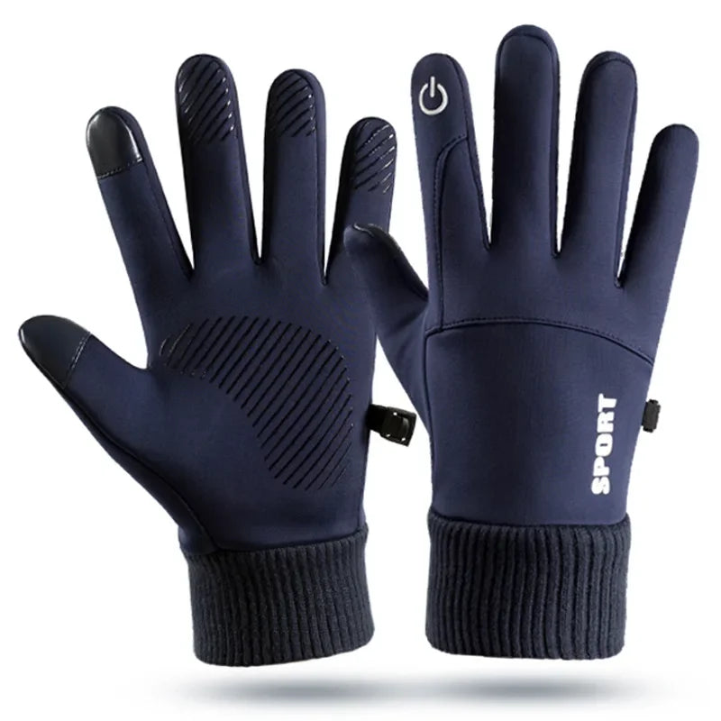 A pair of dark blue thermal fleece touchscreen gloves for winter outdoor sports
