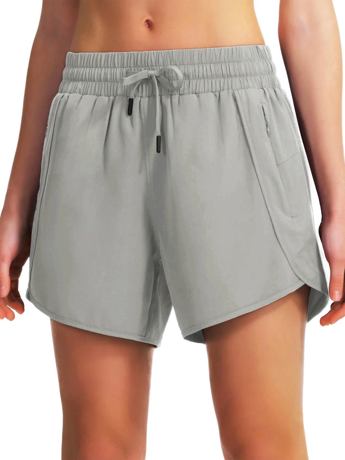 Gray women's quick-dry sports running shorts with an adjustable drawstring waist