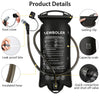 A black reusable water bladder hydration bag with various components shown, including a dust cover, leak proof bite, insulate