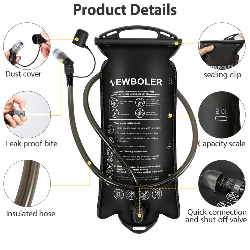 A black reusable water bladder hydration bag with various components shown, including a dust cover, leak proof bite, insulate