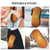 Orange spider web patterned portable sunglasses pouch shown in various usage contexts.