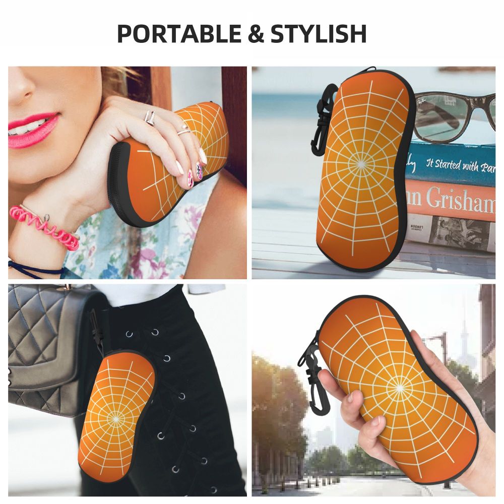 Orange spider web patterned portable sunglasses pouch shown in various usage contexts.