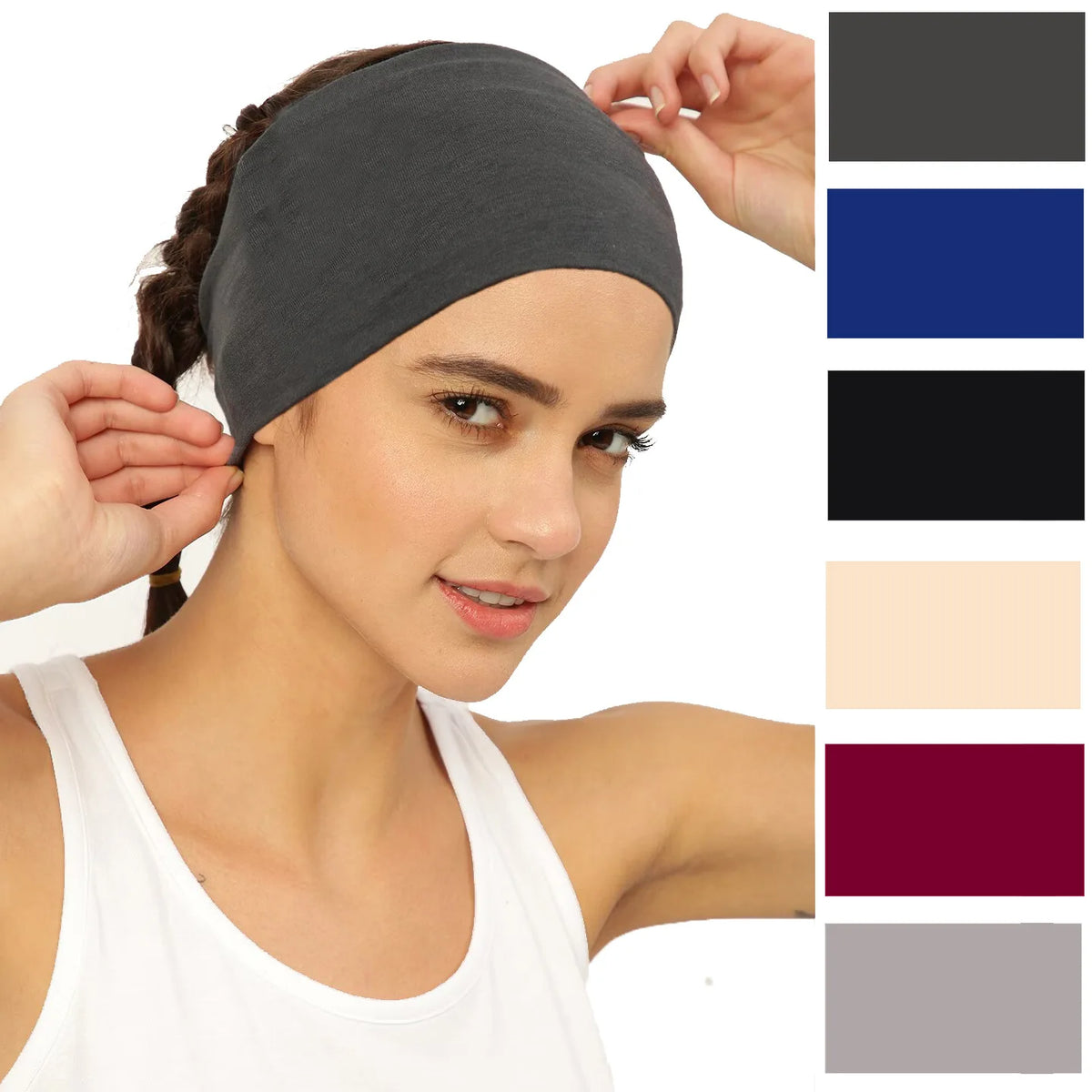 A woman wearing a gray boho headband on her hair, shown next to color swatches.