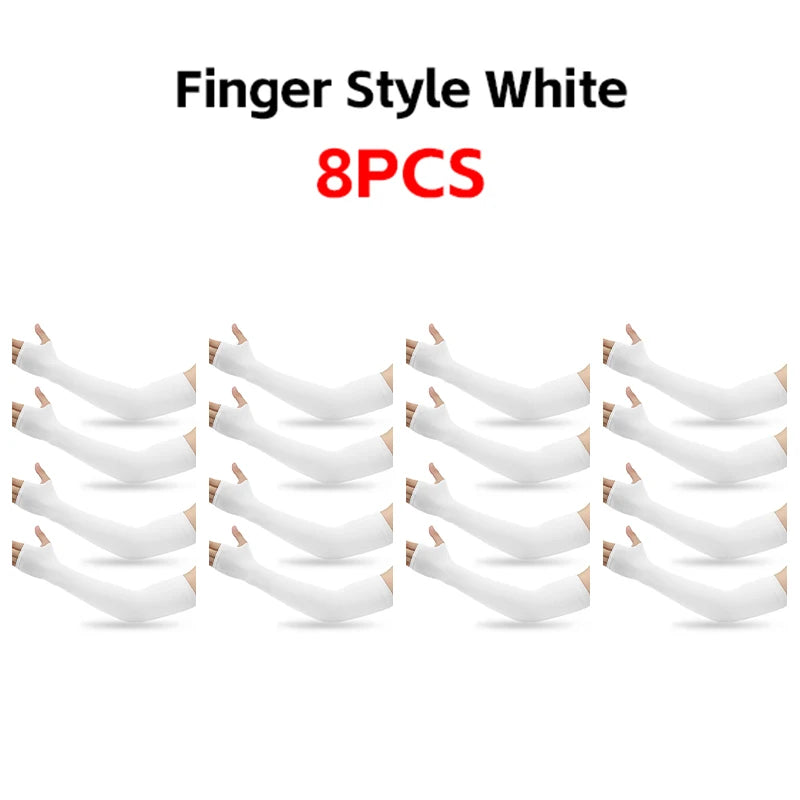 Eight white finger style arm sleeves for UV protection and warmth