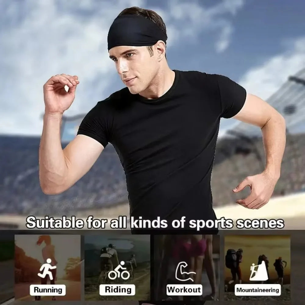 A male model wearing a black t-shirt and a black sports headband demonstrating various sports activities.