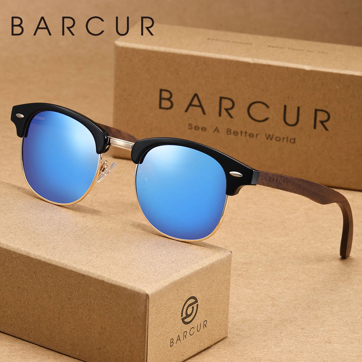 Un par de gafas de sol de montura oscura con lentes azules descansando sobre una caja de cartón marrón.
