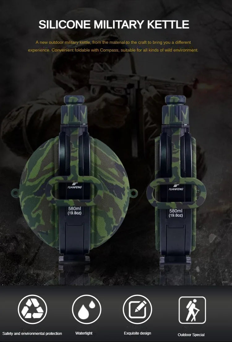 A green and black silicone military kettle shown in two views, highlighting its foldable design for outdoor use.