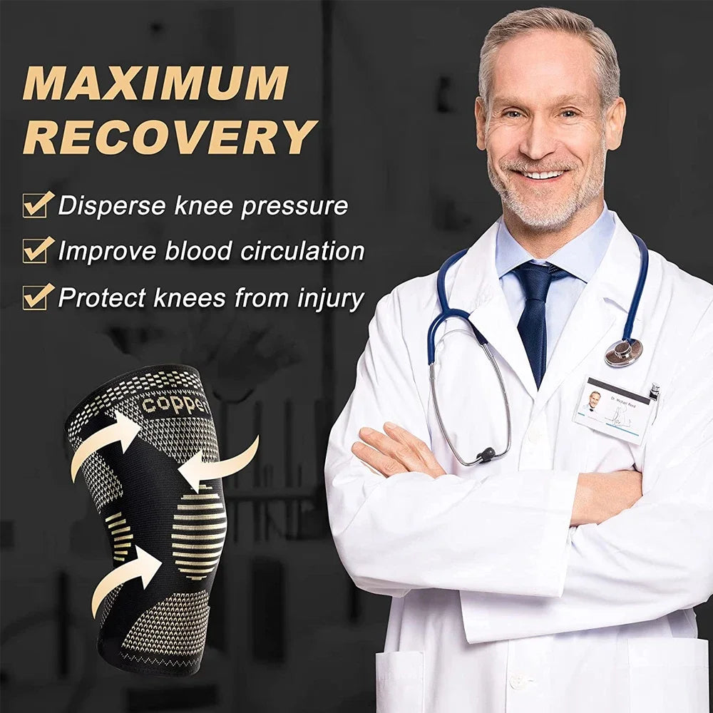 A doctor demonstrates a copper knee compression sleeve for joint pain relief, highlighting its benefits.