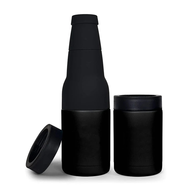 Réservoir isotherme noir en acier inoxydable pour bière et boissons, en forme de bouteille et cylindrique.