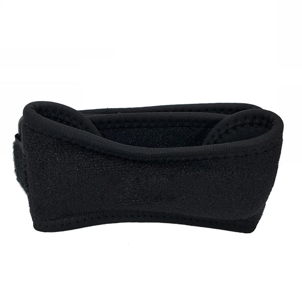 Black adjustable patella tendon support brace for knee pain.