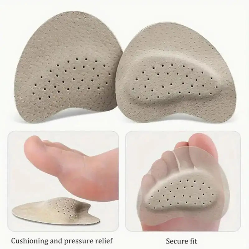 Two beige anti-slip forefoot pads shown with close-ups demonstrating cushioning and a secure fit on a foot.
