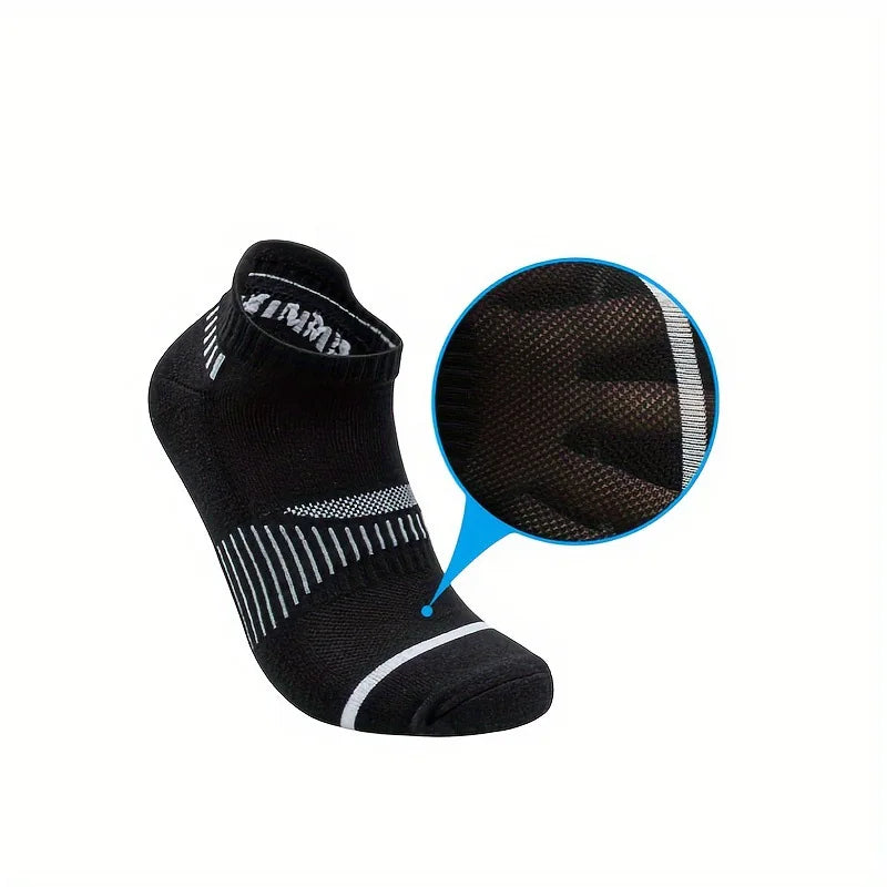A black crew sock with white stripes and a magnified view showing the textured fabric.