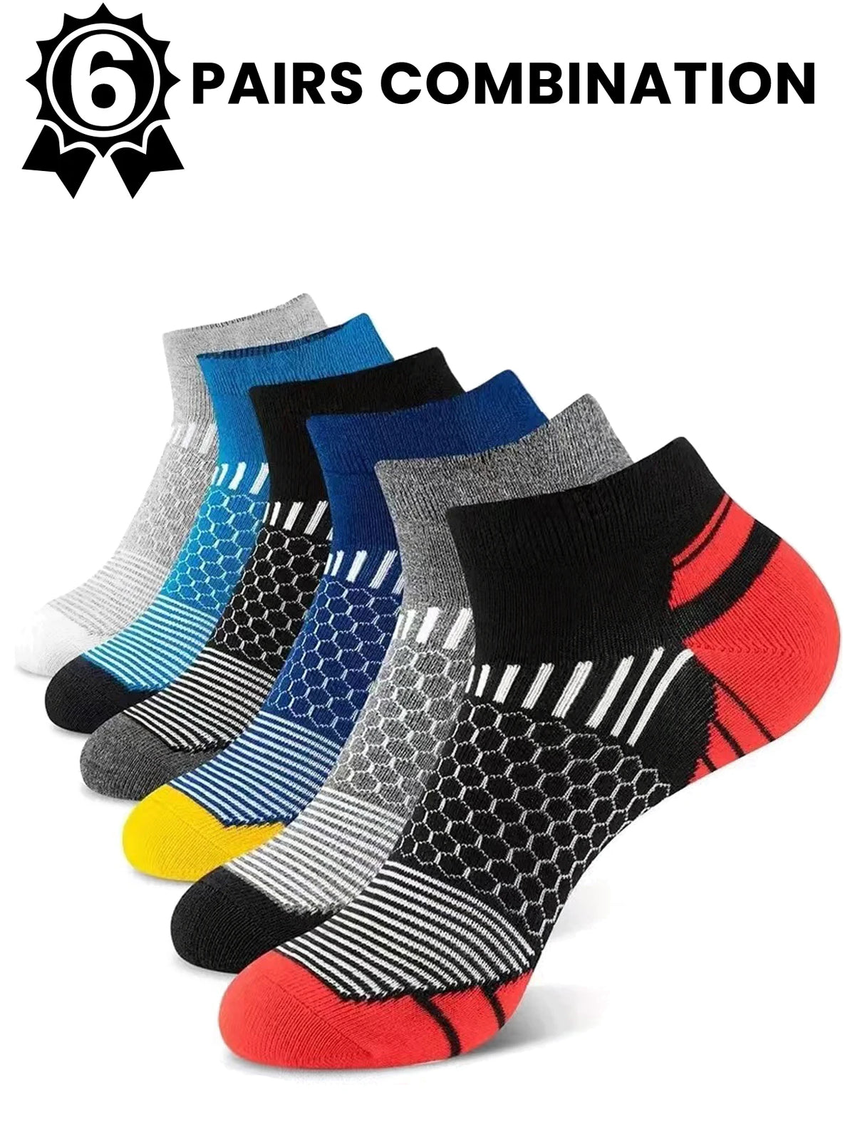 A collection of six pairs of colorful athletic knit ankle socks displayed together.